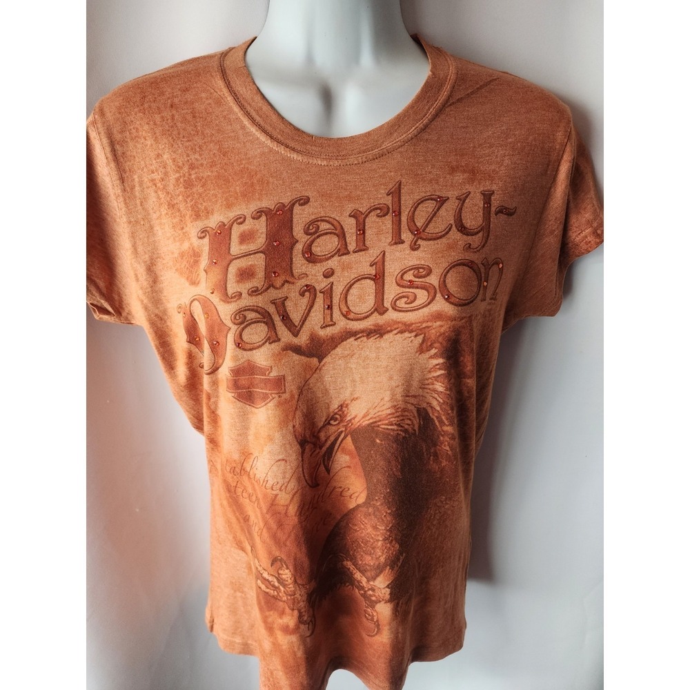 Harley-Davidson Womens Eagle Graphic T-Shirt Orange Acid Wash Tacoma WA Large - Picture 3 of 16